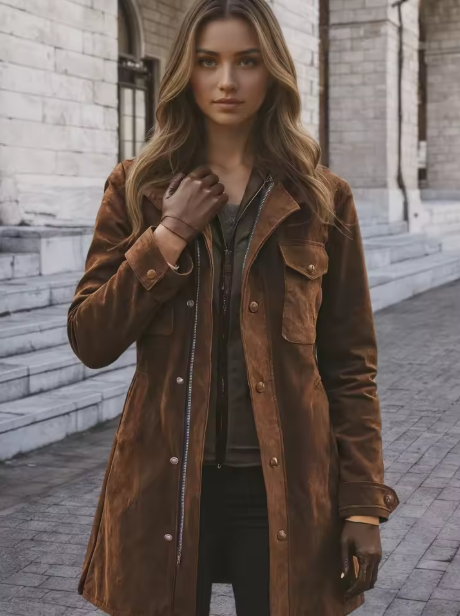 Women's brown vintage suede windbreaker: notch collar mid length jacket, button and zipper closure, patch pocket, vintage trend