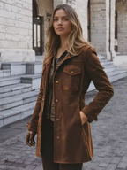 Women's brown vintage suede windbreaker: notch collar mid length jacket, button and zipper closure, patch pocket, vintage trend